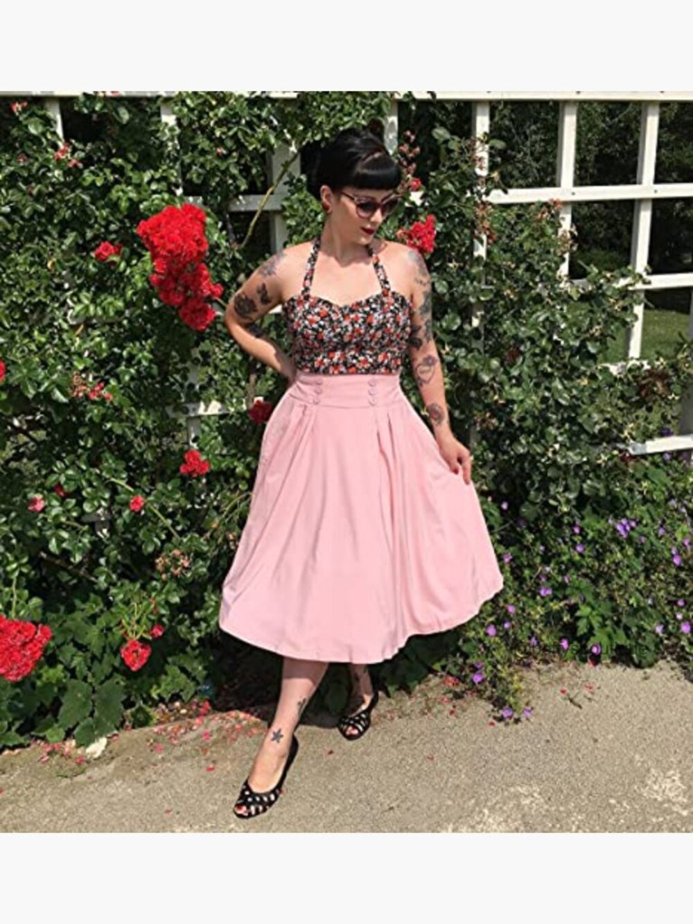 Vintage High Waist Pleated Midi A-Line Skirt with Pockets - Picture 2 of 7